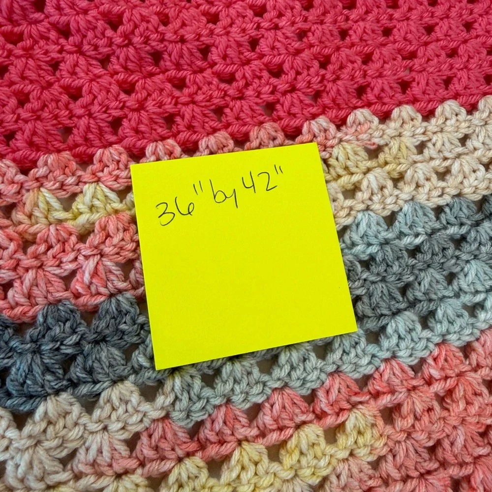 Handmade Crochet Baby Blanket Pink Grey Yellow Striped Granny Stitch 36x42